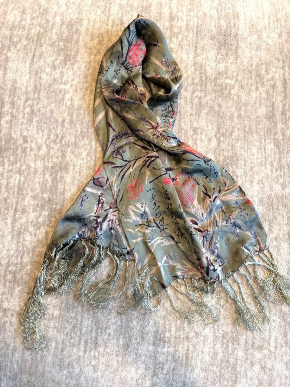 Japanese Floral Delicate Earthy Crunchy Green Luxury Silk Scarf with Fringe